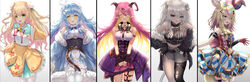  5girls absurdres amaton707 animal_ears blonde_hair blue_hair blush column_lineup cowboy_shot demon_girl demon_horns demon_tail elf fingerless_gloves fox_ears fur_trim gloves grey_hair highres holofive hololive horns lion_ears lion_girl lion_tail looking_at_viewer low_twintails mano_aloe momosuzu_nene momosuzu_nene_(old_design) multiple_girls omaru_polka omaru_polka_(1st_costume) pink_hair pointy_ears shishiro_botan shishiro_botan_(1st_costume) skindentation smile tail twintails virtual_youtuber yukihana_lamy yukihana_lamy_(1st_costume) 