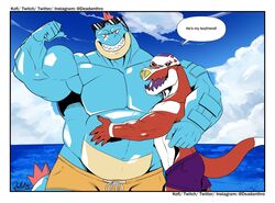  2023 anthro arm_around_shoulders beach belly black_sclera blue_body blue_scales blue_sky boyfriends claws clothed clothing cloud crocodilian deadanthro dialogue duo english_text eyewear eyewear_on_head feraligatr finger_claws flexing flexing_bicep generation_2_pokemon generation_9_pokemon hair hi_res hug larger_male looking_at_viewer male male/male multicolored_body multicolored_scales muscular muscular_anthro muscular_male nintendo open_mouth pecs pokemon pokemon_(species) purple_clothing purple_swimming_trunks purple_swimwear purple_tongue red_body red_eyes red_hair red_scales reptile scales scalie sea seaside signature size_difference skeledirge sky smaller_male smile speech_bubble sunglasses sunglasses_on_head swimming_trunks swimwear tan_body tan_scales teeth_showing text tongue topless twitter_handle two_tone_body two_tone_scales water white_body white_scales yellow_clothing yellow_eyes yellow_swimming_trunks yellow_swimwear 