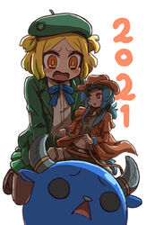  2021 2girls babe_(fate) belt_buckle beret blonde_hair blue_bow blue_hair bow bowtie brown_headwear brown_jacket buckle cowboy cowboy_hat dark_skin fate/grand_order fate_(series) green_headwear green_jacket green_skirt hat highres jacket long_sleeves midriff multiple_girls open_mouth paul_bunyan_(fate) riyo_(lyomsnpmp) riyo_(lyomsnpmp)_(style) riyo_servant_(bronco)_(fate) shirt skirt western white_background white_shirt yellow_eyes 