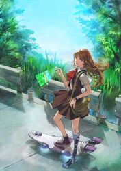  ascot bag blush brown_hair brown_skirt brown_vest cellphone collared_shirt commentary_request day female floating_hair from_side highres holographic_monitor hover_vehicle hoverboard jun_(navigavi) lake long_hair looking_at_viewer looking_to_the_side map mechanical_legs messenger_bag original outdoors phone pleated_skirt red_ascot school_uniform shirt short_sleeves shoulder_bag single_mechanical_leg skirt smile solo standing vest white_shirt wind 