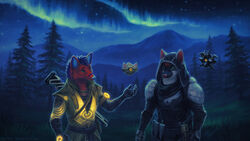  16:9 2022 anthro armor black_armor black_body black_fur black_kerchief black_neckerchief blue_eyes blue_hair blue_nose canid canine canis closed_smile clothed clothing dated destiny_(video_game) duo fox fur glowing glowing_armor grass green_armor green_eyes gun hair handgun kerchief machine male mammal meadow mountain mouth_closed mylafox neckerchief night outside plant ranged_weapon red_body red_fur red_hair red_nose robot short_hair signature sky smile standing text tree url weapon white_body white_fur widescreen wolf 