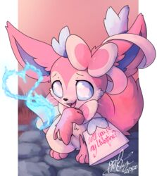  2021 ambiguous_gender blue_fire blush card colored_fire eeveelution english_text felid feline feral fire fur generation_6_pokemon gingy_k_fox heart_symbol holidays looking_at_viewer mammal nintendo pink_body pink_fur pokemon pokemon_(species) shaded signature solo sylveon text valentine&#039;s_day whiskers 