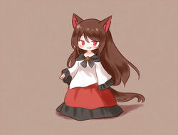  :3 animal_ears arinu brooch brown_background brown_hair closed_mouth commentary dress female frilled_dress frills full_body imaizumi_kagerou jewelry long_hair long_sleeves looking_at_viewer red_dress red_eyes simple_background smile solo standing symbol-only_commentary tail touhou two-tone_dress white_dress wide_sleeves wolf_ears wolf_tail 