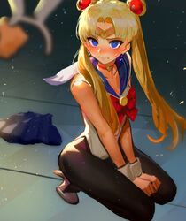  absurdres animal_ear_hairband animal_ears bishoujo_senshi_sailor_moon bishoujo_senshi_sailor_moon_s black_legwear blonde_hair blue_eyes blue_sailor_collar blush bow bowtie canking chinese_commentary choker closed_mouth clothes_on_floor commentary_request crescent crescent_earrings derivative_work earrings fake_animal_ears female full_body hairband high_heels highres jewelry kneeling leotard long_hair looking_at_viewer magical_girl md5_mismatch meme neck_ribbon pantyhose partial_commentary photoshop_(medium) playboy_bunny rabbit_ear_hairband rabbit_ears red_bow red_bowtie red_choker red_ribbon ribbon sailor_collar sailor_moon sailor_moon_redraw_challenge_(meme) sailor_senshi_uniform screenshot_redraw sitting skirt sleeveless solo_focus sweatdrop tiara tsukino_usagi twintails unworn_clothes unworn_hairband unworn_skirt wavy_mouth white_footwear white_leotard wrist_cuffs 