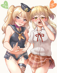  2girls :3 :d anchor_symbol ass_visible_through_thighs azur_lane bache_(azur_lane) bare_shoulders black_panties black_sailor_collar black_shirt blonde_hair blush breasts clip_studio_paint_(medium) collar collarbone collared_shirt commentary_request cowboy_shot crop_top crossover cutoffs dated denim denim_shorts fellatio_gesture fishnet_thighhighs fishnets hair_ornament hair_tie hand_up hat heart heart-shaped_pupils heavy_breathing highres idolmaster idolmaster_cinderella_girls jougasaki_rika jun_piro long_hair looking_at_viewer micro_shorts midriff multiple_girls navel neck_ribbon neckerchief nose_blush oerba_yun_fang open_fly open_mouth orange_neckerchief orange_skirt panties penetration_gesture pink_collar plaid plaid_skirt purple_eyes red_ribbon ribbon sailor_collar sailor_hat saliva saliva_trail school_uniform shirt short_sleeves shorts side-tie_panties sidelocks signature simple_background single_thighhigh skirt sleeveless sleeveless_shirt small_breasts smile standing symbol-shaped_pupils thigh_gap thighhighs trait_connection two_side_up underwear white_background white_shirt yellow_eyes 