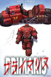  1boy adeptus_astartes akira artist_name english_commentary from_above from_behind ground_vehicle highres imperium_of_man logo_parody motor_vehicle motorcycle parody power_armor primaris_space_marine red_armor sgt_lonely solo title_parody walking warhammer_40k 