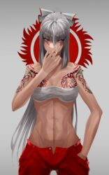  absurdres amekudaki bad_id bad_pixiv_id baggy_pants bare_arms bow chest_sarashi cigarette female fujiwara_no_mokou gradient_background grey_background grey_hair hairbow hand_in_pocket highres long_hair midriff no_shirt open_pants pants red_eyes red_pants sarashi sidelocks smoking solo tattoo touhou very_long_hair white_bow 