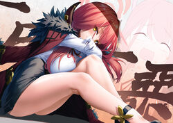  ankle_strap arm_on_knee aru_(blue_archive) bare_legs black_footwear black_skirt blank_eyes blue_archive blush breast_press breasts brown_coat closed_mouth coat coat_on_shoulders collared_shirt commentary crossed_arms demon_horns dutch_angle fangs feet_out_of_frame female from_side fur-trimmed_coat fur_trim gloves half-closed_eyes halo hand_on_own_arm high-waist_skirt highres horns indoors knee_to_chest kneepits knees_up large_breasts legs long_hair long_sleeves looking_at_viewer looking_to_the_side miniskirt multiple_views neck_ribbon nose_blush on_floor pencil_skirt projected_inset raised_eyebrows red_hair red_ribbon ribbon shade shirt shirt_tucked_in shoes sitting skin_fangs skirt sweatdrop tile_wall tiles translation_request wavy_mouth white_gloves white_shirt xfate yellow_eyes 