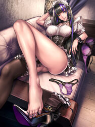  ass barefoot black_hair black_thighhighs blue_eyes blue_hair blunt_bangs bra bra_visible_through_clothes breasts choker corset couch ear_piercing earrings feet female foreshortening frills highres jewelry lace lace-trimmed_bra lace-trimmed_panties lace_trim large_breasts legs long_hair looking_at_viewer maid maid_headdress mole mole_under_eye multicolored_hair nail_polish no_panties original panties piercing puffy_short_sleeves puffy_sleeves purple_bra purple_panties ribbon_choker sadakage shoes short_sleeves single_thighhigh sitting smile solo thighhighs thighs thong toenail_polish toenails toes two-tone_hair underwear unworn_panties unworn_shoes unworn_thighhighs wrist_cuffs 