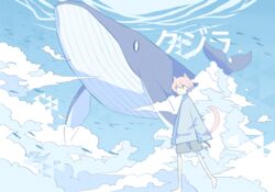  1boy animal_ears blue_sky blue_whale cat_boy cat_ears cat_tail cloud cloudy_sky commentary fish flying_whale highres male_focus matabeku ocean original scenery sky surreal tail water whale 