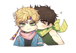  2boys bare_shoulders battle_tendency biting blonde_hair blue_jacket bow brown_hair caesar_anthonio_zeppeli cheek_biting chibi clenched_hand facial_mark feather_hair_ornament feathers fingerless_gloves gloves green_eyes hair_ornament headband jacket jojo_no_kimyou_na_bouken joseph_joestar joseph_joestar_(young) korean_commentary male_focus multicolored_clothes multicolored_scarf multiple_boys ranch_jjba scarf scarf_bow shirt striped_clothes striped_scarf tight_clothes tight_shirt vertical-striped_clothes vertical-striped_scarf white_background 