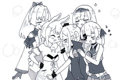  5girls animal_ears closed_eyes commentary covered_navel crown crying don-chan_(usada_pekora) eyepatch gloves greyscale hand_on_own_hip heads_together heart hololive hololive_fantasy houshou_marine houshou_marine_(1st_costume) jacket jacket_on_shoulders mini_crown monochrome multiple_girls pointy_ears ponytail rabbit_ears rabbit_girl sakana_(saka11205) shiranui_flare shiranui_flare_(old_design) shirogane_noel shirogane_noel_(1st_costume) smile sparkle tears thick_eyebrows tilted_headwear twintails uruha_rushia uruha_rushia_(3rd_costume) usada_pekora usada_pekora_(1st_costume) virtual_youtuber wrist_cuffs 