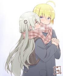  2girls ahoge amano_soraha artist_name assault_lily backpack bag blonde_hair blue_eyes breath brown_scarf buttons closed_mouth coat commentary covered_mouth cowboy_shot egawa_kusumi enpera flower from_side gochisousama_(tanin050) gradient_background grey_background grey_coat grey_eyes grey_hair hair_between_eyes hair_flower hair_ornament hand_up highres holding_hands interlocked_fingers light_blush long_hair long_sleeves looking_at_another looking_away multiple_girls plaid plaid_scarf pocket profile scarf shared_clothes shared_scarf side-by-side smile standing very_long_hair wavy_hair white_background white_flower winter_clothes yuri 