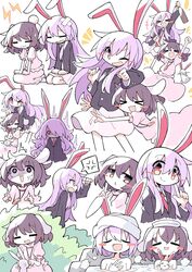  &gt;_&lt; &gt;_o 2girls :3 :d :o ;) =_= ^^^ absurdres anger_vein angry animal_ears arms_up asameshi aura bandaid bandaid_on_head bathing black_jacket blazer blush_stickers bottle bush carrot_necklace closed_mouth commentary_request floppy_ears grey_eyes grey_hair hair_over_one_eye head_bump highres holding holding_bottle hug hug_from_behind inaba_mob_(touhou) inaba_tewi index_finger_raised jacket jewelry long_hair long_sleeves looking_at_viewer medium_hair multiple_girls multiple_views necklace necktie notice_lines one_eye_closed pink_shirt pink_skirt purple_hair rabbit rabbit_ears rabbit_girl red_eyes red_necktie reisen_udongein_inaba scared seiza shirt sideways_mouth sitting skirt smile spoken_anger_vein touhou towel towel_on_head water 