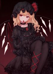  alternate_costume ascot bebitera black_ascot black_background black_choker black_dress black_hat black_pantyhose blonde_hair brown_background buttons choker collarbone commentary_request crystal dress eyelashes eyes_visible_through_hair fangs female flandre_scarlet frills gem gothic_lolita gradient_background hair_between_eyes hat hat_ribbon highres jewelry juliet_sleeves lolita_fashion long_sleeves looking_to_the_side mob_cap multicolored_wings oerba_yun_fang one_side_up open_mouth pantyhose petticoat puffy_long_sleeves puffy_sleeves red_eyes red_gemstone red_ribbon ribbon short_hair sitting solo tape touhou wings 