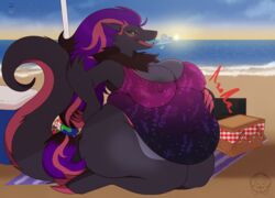  2022 anthro back_rolls beach belly belly_folds belly_overhang bloated clothing cooler fat_rolls female generation_5_pokemon generation_7_pokemon hi_res hybrid kneeling love_handles navel nintendo outside overeating overweight picnic pokemon pokemon_(species) ryukawa salazzle sea seaside solo thick_thighs tight_clothing umbrella water zoroark 