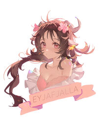  ahoge amo_(amo9612) animal_ears arknights bikini blush breasts brown_hair character_name cleavage collarbone cropped_torso eyjafjalla_(arknights) eyjafjalla_(summer_flowers)_(arknights) female flower frills hair_flower hair_ornament highres horns long_hair looking_at_viewer off-shoulder_bikini off_shoulder official_alternate_costume pink_eyes pink_flower pink_swimsuit sheep_ears sheep_girl sheep_horns simple_background solo swimsuit white_background 