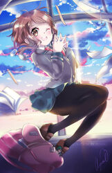  artist_name ayasal backpack bag black_pantyhose blazer blush boku_no_hero_academia breasts brown_eyes brown_footwear brown_hair buttons classroom cloud cloudy_sky collared_shirt commentary curtains dot_nose double_horizontal_stripe english_commentary eraser eyelashes female fingernails floating_hair flying_paper full_body green_skirt grey_jacket jacket jumping loafers long_sleeves looking_at_viewer making-of_available necktie notebook one_eye_closed open_bag open_mouth pantyhose paper pen pencil pink_bag pleated_skirt red_necktie ruler school_uniform shirt shoes short_hair sidelocks signature skirt sky small_breasts smile solo steepled_fingers teeth thighs tongue u.a._school_uniform upper_teeth_only uraraka_ochako watermark white_shirt window 