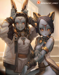  2girls alien animal_ear_headphones animal_ears black_hair black_legwear blue_skin braid breasts cat_ear_headphones center_opening coat colored_skin dress english_commentary fake_animal_ears grey_hair grin headphones highres looking_at_viewer multiple_girls no_bra no_panties orange_eyes paid_reward_available pelvic_curtain rabbit_ear_headphones rabbit_pose sgt_lonely short_dress side_braid single_braid small_breasts smile solid_eyes t&#039;au thighhighs warhammer_40k watermark white_coat white_dress wireless 