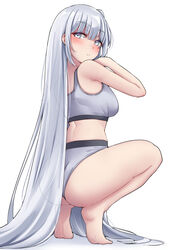  absurdres ass blush breasts female from_behind fuyutsuki_(kancolle) grey_eyes grey_hair grey_sports_bra highres kantai_collection kiritto long_hair looking_at_viewer looking_back medium_breasts simple_background solo sports_bra sportswear squatting tiptoes underwear very_long_hair white_background 