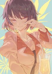  blue_background bob_cut breasts collarbone commentary condensation cup drink drinking_glass drinking_straw female fern hand_on_own_face highres hurricane_glass hxxg juliet_sleeves light_blush light_smile long_sleeves looking_ahead medium_breasts monogatari_(series) naoetsu_high_school_uniform necktie pink_shirt puffy_sleeves purple_background purple_hair purple_necktie school_uniform senjougahara_hitagi shirt short_hair solo turning_head upper_body 