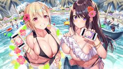  2girls akusema bad_id bad_pixiv_id ball beach beach_chair beach_umbrella beachball bikini bikini_pull bikini_top_lift black_bikini blonde_hair blush bracelet breasts brown_hair building cellphone cellphone_photo cleavage clothes_lift clothes_pull collarbone day flower frilled_bikini frills hair_flower hair_ornament higashihama_yuri highres holding holding_phone inflatable_shark inflatable_toy innertube jewelry kishimoto_mana large_breasts lens_flare long_hair looking_at_viewer love_tora_-love_triangle- multiple_girls navel necklace off-shoulder_bikini off_shoulder orange_flower outdoors palm_tree people phone pink_eyes pink_flower pout purple_eyes shiny_skin short_hair side-tie_bikini_bottom smartphone smile swept_bangs swim_ring swimsuit teeth tree umbrella water white_bikini 