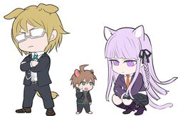  2boys :d ahoge animal_ears bad_id bad_twitter_id belt black_gloves black_jacket black_ribbon black_skirt blonde_hair blush boots braid brown_belt brown_eyes brown_footwear cat_ears cat_girl cat_tail closed_mouth danganronpa:_trigger_happy_havoc danganronpa_(series) dog_boy dog_ears dog_tail female glasses gloves hair_ribbon height_difference high_heel_boots high_heels jacket kirigiri_kyoko knee_boots kuangtai_(amami_ryoko) long_hair looking_at_another mouse_boy mouse_ears multiple_boys naegi_makoto necktie open_clothes open_jacket open_mouth orange_necktie pink_eyes purple_jacket ribbon semi-rimless_eyewear short_hair skirt smile squatting standing tail togami_byakuya 