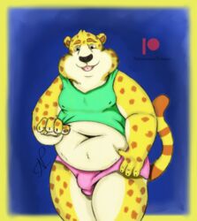  anthro belly benjamin_clawhauser cheetah clothing disney felid feline green_clothing hi_res male male_anthro mammal notamo overweight overweight_anthro overweight_male pink_clothing pink_underwear smile smiling_at_viewer solo underwear zootopia 