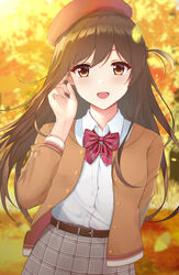  autumn autumn_leaves beanie belt belt_buckle blazer blush bow bowtie braid breasts brown_eyes brown_hair brown_jacket buckle dress_shirt earrings female fingernails hair_between_eyes hand_up hat highres jacket jewelry kanojo_okarishimasu long_hair long_sleeves looking_at_viewer mizuhara_chizuru necktie open_mouth outdoors plaid plaid_neckwear plaid_skirt rko_(a470350510) shirt sidelocks skirt smile solo tucking_hair upper_body white_shirt 