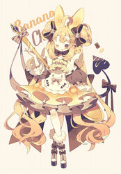  ;p ahoge apron banana_hair_ornament blonde_hair blush boots bow braid brown_background brown_bow brown_eyes brown_footwear brown_shirt brown_skirt closed_mouth commentary_request crossed_legs demon_tail double_bun female food-themed_clothes food-themed_hair_ornament full_body fur-trimmed_boots fur_trim hair_bun hair_ornament hairbow heart highres long_hair one_eye_closed original oversized_object puffy_short_sleeves puffy_sleeves shirt short_eyebrows short_sleeves simple_background skirt smile solo spoon standing striped striped_bow tail tail_raised thick_eyebrows tongue tongue_out very_long_hair watson_cross white_apron yumenouchi_chiharu 