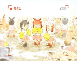  6+girls aardwolf_(kemono_friends) aged_down alternate_costume animal_ears atlantic_puffin_(kemono_friends) battery_indicator bird_tail bird_wings black-headed_ibis_(kemono_friends) black_hair blonde_hair blurry blush braid cat_ears cheerleader cheetah_(kemono_friends) cheetah_ears cheetah_print cheetah_tail closed_eyes commentary common_raccoon_(kemono_friends) depth_of_field extra_ears green_eyes grey_hair grin hair_bobbles hair_ornament head_wings holding_hands jaguar_(kemono_friends) jaguar_ears jaguar_print jaguar_tail japanese_crested_ibis_(kemono_friends) kemono_friends lolicon long_hair looking_at_viewer moeki_(moeki0329) multicolored_hair multiple_girls nose_blush open_mouth otter_ears otter_tail pleated_skirt pom_pom_(cheerleading) print_thighhighs raccoon_ears recording red_hair sand_cat_(kemono_friends) scarlet_ibis_(kemono_friends) serval_(kemono_friends) short_hair short_twintails sidelocks skirt small-clawed_otter_(kemono_friends) smile socks tail teeth thighhighs twin_braids twintails viewfinder white_hair wings yellow_eyes 