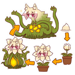  animal_ear_fluff animal_ears arrow_(symbol) biollante blonde_hair blush commentary_request evolution female flower flower_pot fox_ears fox_girl fox_tail godzilla_(series) godzilla_vs._biollante hair_between_eyes highres in_pot kaijuu kemomimi-chan_(naga_u) long_hair multiple_views naga_u original plant potted_plant red_eyes sidelocks sparkle tail v-shaped_eyebrows white_background yellow_flower 