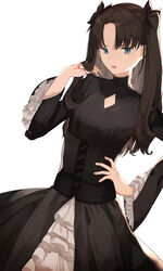  absurdres annoyed artoria_pendragon_(fate) bad_id bad_pixiv_id black_bow black_corset black_dress black_hair blue_eyes bow clothing_cutout command_spell corset cosplay diamond_cutout dress fate/hollow_ataraxia fate/stay_night fate_(series) female frills gothic_lolita hairbow hand_in_own_hair hand_on_own_hip highres inago_3939 lolita_fashion long_dress long_hair looking_at_viewer official_alternate_costume open_mouth parted_bangs petticoat saber_alter saber_alter_(cosplay) simple_background solo standing sweatdrop tohsaka_rin twintails underbust white_background 