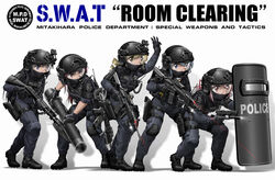  5girls akemi_homura assault_rifle ballistic_shield battering_ram battle_rifle black_footwear black_hair blonde_hair blue_eyes blue_hair body_armor bulletproof_vest cable_tie camera commentary_request covered_mouth cuffs drill_hair english_text eotech flashlight glock gun gun_sling h&amp;k_hk416 h&amp;k_hk417 hair_ribbon handcuffs handgun headset helmet holster kaname_madoka knee_pads laser laser_pointer_projection laser_sight long_hair mahou_shoujo_madoka_magica mahou_shoujo_madoka_magica_(anime) miki_sayaka multiple_girls pink_eyes pink_hair police police_uniform policewoman pump_action purple_eyes purple_hair red_eyes red_hair remington_870 remington_arms ribbon rifle safety_glasses sakura_kyoko shield shingyouji_tatsuya short_hair shotgun swat tactical_clothes taser tomoe_mami trigger_discipline uniform walkie-talkie weapon yellow_eyes 