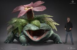  1boy 3d arvalis blue_skin colored_skin commentary highres plant_monster pokemon pokemon_(creature) realistic red_eyes venusaur 