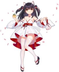  allenes animal_ears azur_lane bare_shoulders black_hair blush breasts cat_ears cat_tail cleavage collarbone female flip-flops full_body hair_ornament hair_ribbon holding japanese_clothes long_hair looking_at_viewer official_alternate_costume official_art ribbon sandals solo tail thighhighs transparent_background two_side_up white_thighhighs yellow_eyes yuugure_(azur_lane) yuugure_(evening_flower)_(azur_lane) 