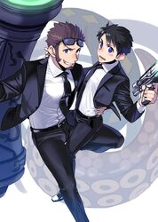  2boys alternate_costume bad_id bad_twitter_id bigur blue_eyes blush brown_hair commentary_request facial_hair fate/grand_order fate_(series) formal fujimaru_ritsuka_(male) glasses goatee long_sideburns long_sleeves looking_at_viewer male_focus men_in_black multiple_boys napoleon_bonaparte_(fate) necktie pants short_hair sideburns smile suit teeth uniform weapon 