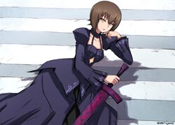  absurdres alternate_eye_color artoria_pendragon_(fate) black_dress brown_hair clothing_cutout commentary cosplay diamond_cutout dress elbow_rest empty_eyes excalibur_morgan_(fate) fate/stay_night fate_(series) female from_side girls_und_panzer head_rest highres holding holding_sword holding_weapon juliet_sleeves long_dress long_sleeves looking_at_viewer nishizumi_maho omachi_(slabco) one-hour_drawing_challenge parted_lips puffy_sleeves road saber_alter saber_alter_(cosplay) shadow short_hair shrug_(clothing) solo stomach_cutout street sword twitter_username weapon yellow_eyes 