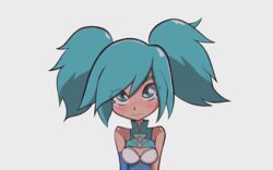  absurdres bare_shoulders blue_eyes blue_gloves blue_hair blue_neckwear breasts cleavage elbow_gloves evie_(paladins) eyebrows female frown gloves highres paladins sad solo source_request stuffted twintails white_background 