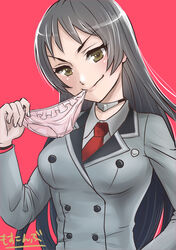  absurdres black_hair blazer breasts buttons choker closed_mouth commentary_request copyright_name female frilled_panties frills grey_jacket hand_up head_tilt highres holding holding_clothes holding_panties holding_underwear jacket kajou_ayame lips long_hair looking_at_viewer medium_breasts mosskonbu mouth_hold naughty_face necktie panties panties_in_mouth parted_bangs pervert pink_background pink_panties red_necktie school_uniform shimoneta_to_iu_gainen_ga_sonzai_shinai_taikutsu_na_sekai simple_background smirk solo underwear upper_body v-shaped_eyebrows yellow_eyes 