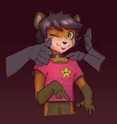  2019 ailurid anthro black_hair blep brown_body brown_fur clothing collar digital_media_(artwork) fur gesture gold_star green_eyes group hair hand_gesture hand_on_shoulder hi_res looking_at_viewer male mammal one_eye_closed orange_body orange_fur red_panda shirt simple_background solo_focus standing star t-shirt text text_on_clothing text_on_shirt text_on_topwear thumbs_up tongue tongue_out topwear twang wink 