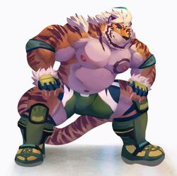  2019 5_fingers anthro boots bottomwear bozi clothing felid fingers footwear green_eyes hi_res hombre_tigre_(tas) lifewonders male mammal muscular muscular_anthro muscular_male navel nipples pantherine pecs shorts slightly_chubby solo tiger tokyo_afterschool_summoners 