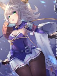  animal_ears armor armpits azur_lane black_pantyhose breasts commentary_request curly_hair detached_sleeves ebichiri_sunday female flat_chest green_eyes grey_hair highres holding holding_sword holding_weapon japanese_armor katana kitakaze_(azur_lane) long_sleeves looking_at_viewer miniskirt mole mole_on_breast open_mouth pantyhose pleated_skirt sheath sheathed shirt short_hair shoulder_armor skirt sode solo standing sword weapon white_shirt wide_hips wide_sleeves 