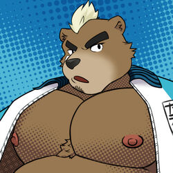  1:1 anthro ashigara_(tas) bear bozi brown_body brown_fur clothed clothing facial_hair fur hi_res lifewonders male mammal mohawk nipples open_clothing open_mouth open_shirt open_topwear shirt solo tokyo_afterschool_summoners topwear 