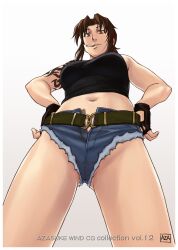  azasuke bare_shoulders belt black_lagoon breasts brown_hair cigarette female fingerless_gloves gloves hands_on_hips highres large_breasts legs looking_down midriff navel ponytail red_eyes revy revy_(black_lagoon) short_hair short_shorts shorts simple_background solo standing tank_top tattoo thighs white_background 