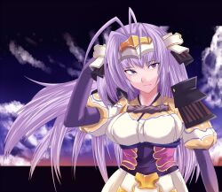  antenna_hair armor elbow female hair helmet long long_hair pauldrons purple_eyes purple_hair rance_(series) sengoku_rance senhime soborogo very_long_hair violet_eyes 