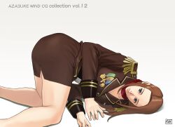  ass azasuke azasuke belt blue_eyes breasts brown_hair capcom cleavage female gyakuten_saiban highres houzuki_tomoe lana_skye legs long_hair looking_at_viewer lying military military_uniform on_side scarf serious simple_background skirt solo thighs uniform white_background 