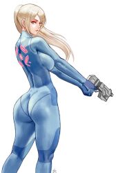  1girls ass ass blonde_female blonde_hair blonde_hair blonde_hair_female bodysuit breasts female female_only female_solo fully_clothed girl girl_only gun holding_gun holding_weapon metroid nintendo only_female pistol ponytail samus_aran sideboob solo standing tagme white_background zefra_bleu zero_suit zero_suit_samus 