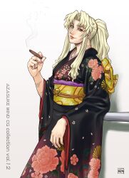  azasuke azasuke balalaika balalaika_(black_lagoon) black_lagoon blonde_hair breasts cigar female green_eyes highres japanese_clothes kimono lipstick long_hair looking_at_viewer makeup mole nail_polish ponytail scar simple_background smile smoke solo standing 