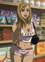  1girls blonde_hair breasts cleavage cristal_(the_boondocks) crop_top female female_only grocery_store hands_behind_back lipstick long_hair midriff navel purse redbone screencap short_shorts shorts sleeveless sleeveless_shirt smile solo stitched store tank_top the_boondocks 